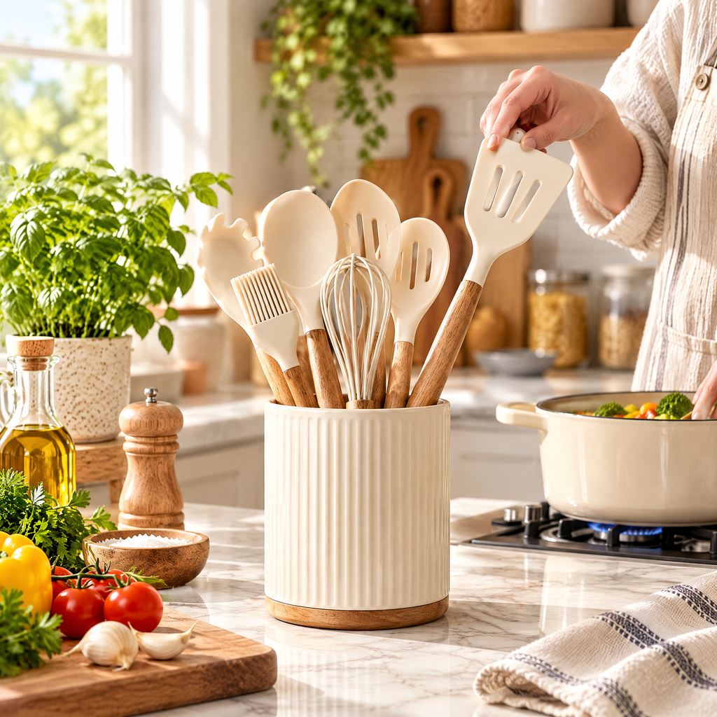 rynqavex™ Neutral Silicone Cooking Utensil Set with Holder