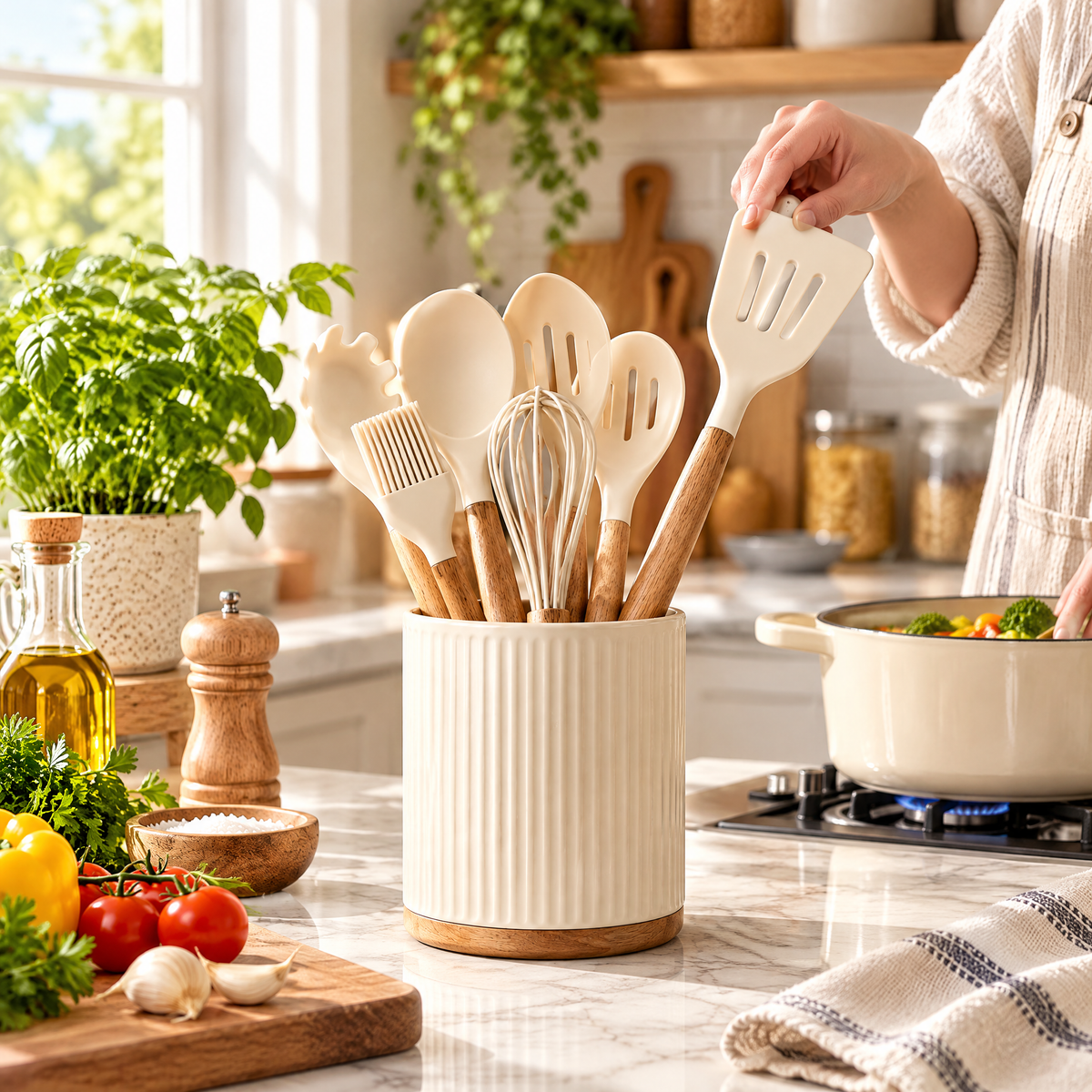 rynqavex™ Neutral Silicone Cooking Utensil Set with Holder