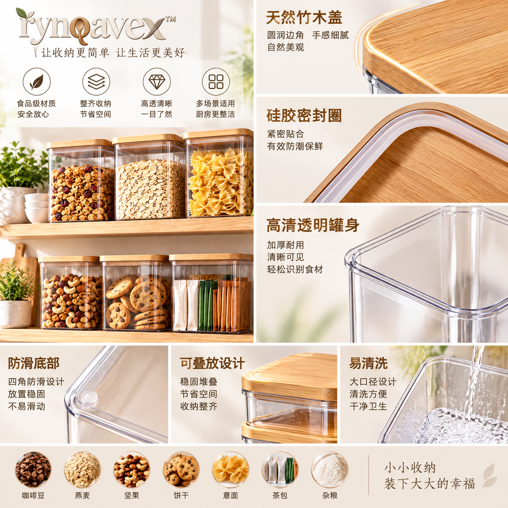 rynqavex™ Clear Pantry Storage Canister Set with Wood-Look Lids