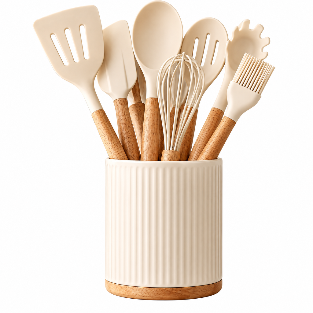rynqavex™ Neutral Silicone Cooking Utensil Set with Holder